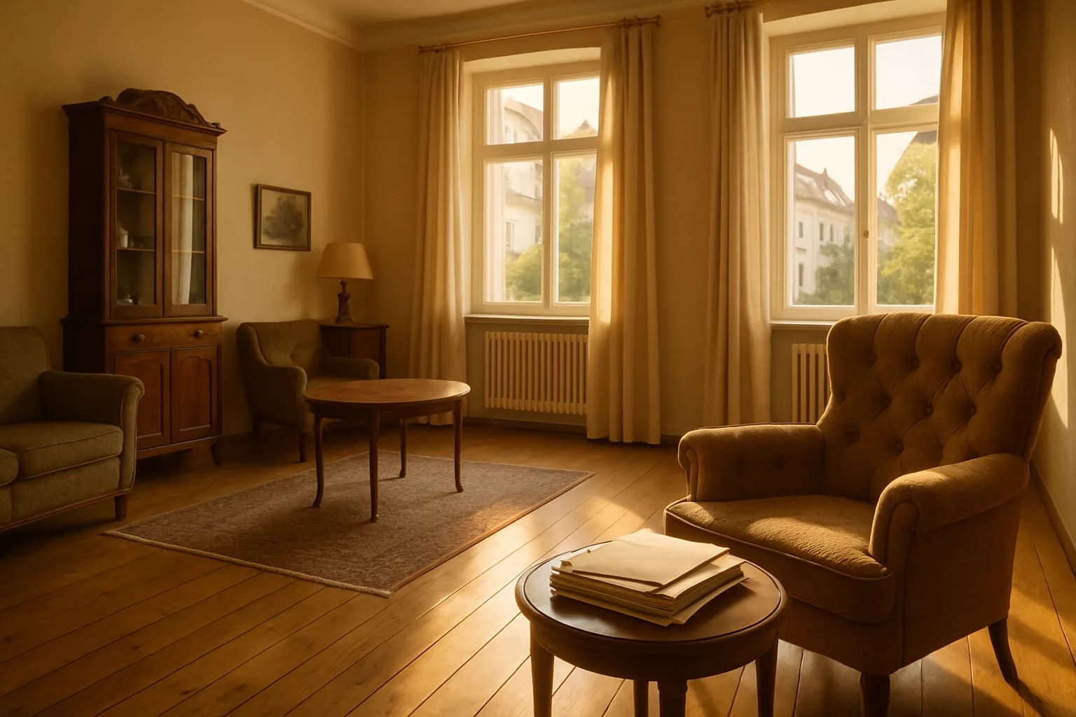Helles Wohnzimmer einer geerbten Immobilie mit Holzboden, Naturlicht und Dokumenten auf einem Beistelltisch