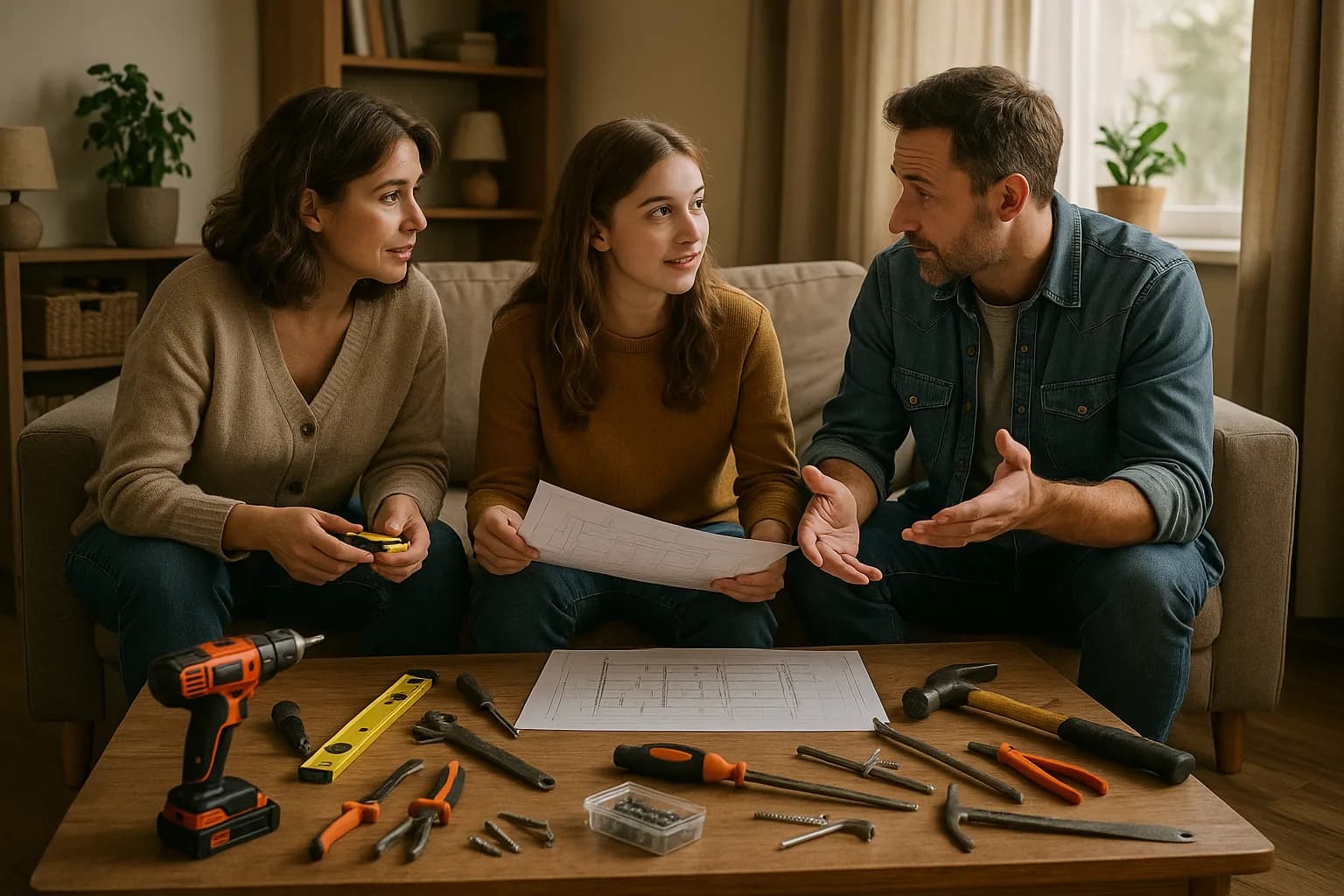Gemütliches Wohnzimmer mit Familie, die über Renovierungsprojekte spricht, Werkzeuge verstreut.
