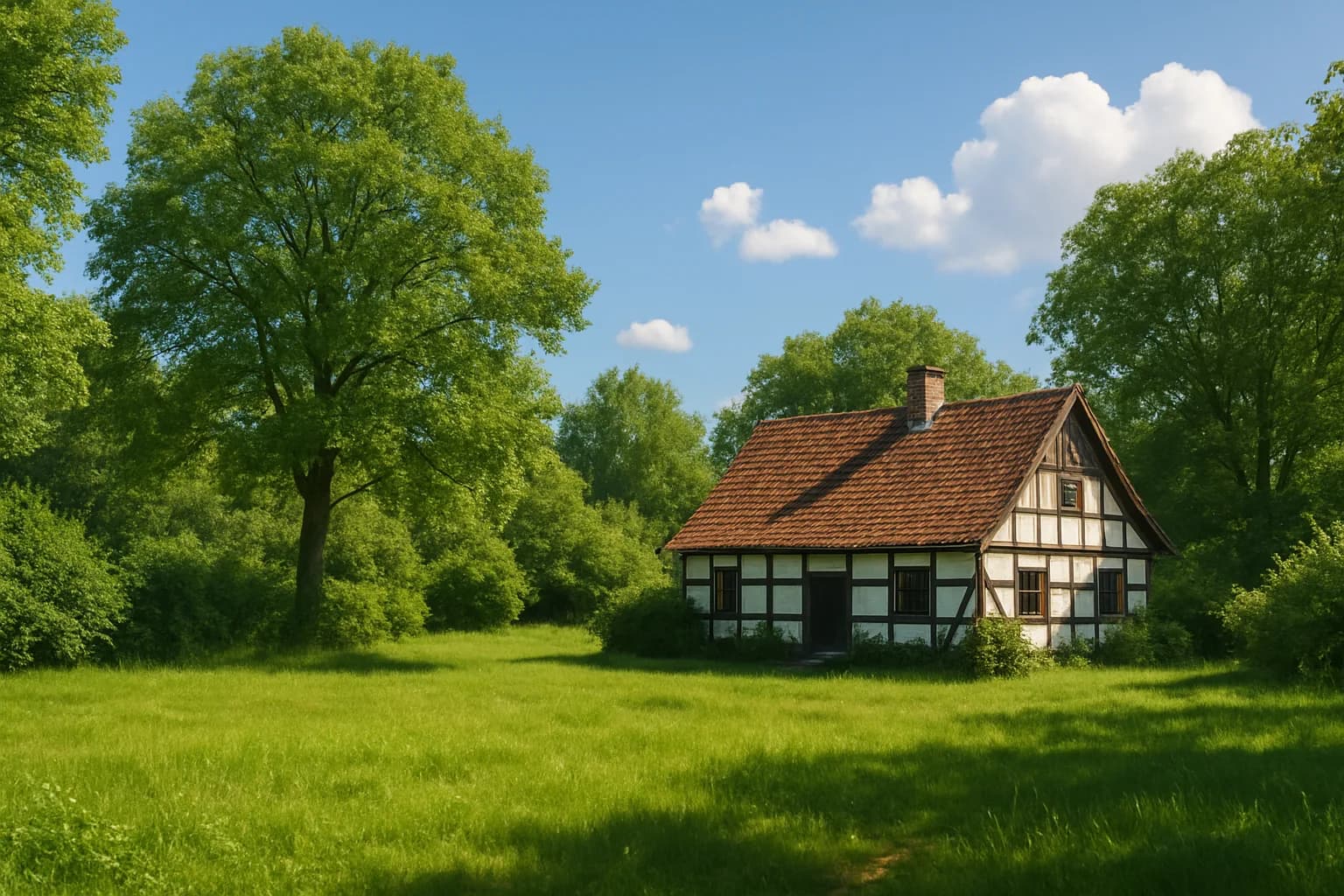 Idylle mit traditionellem Haus inmitten üppiger Natur und klarem blauen Himmel.