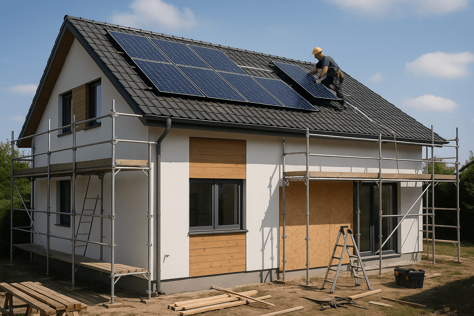 Ein modernes Haus mit neu installierten Solarpanelen auf dem Dach während der energetischen Sanierung.