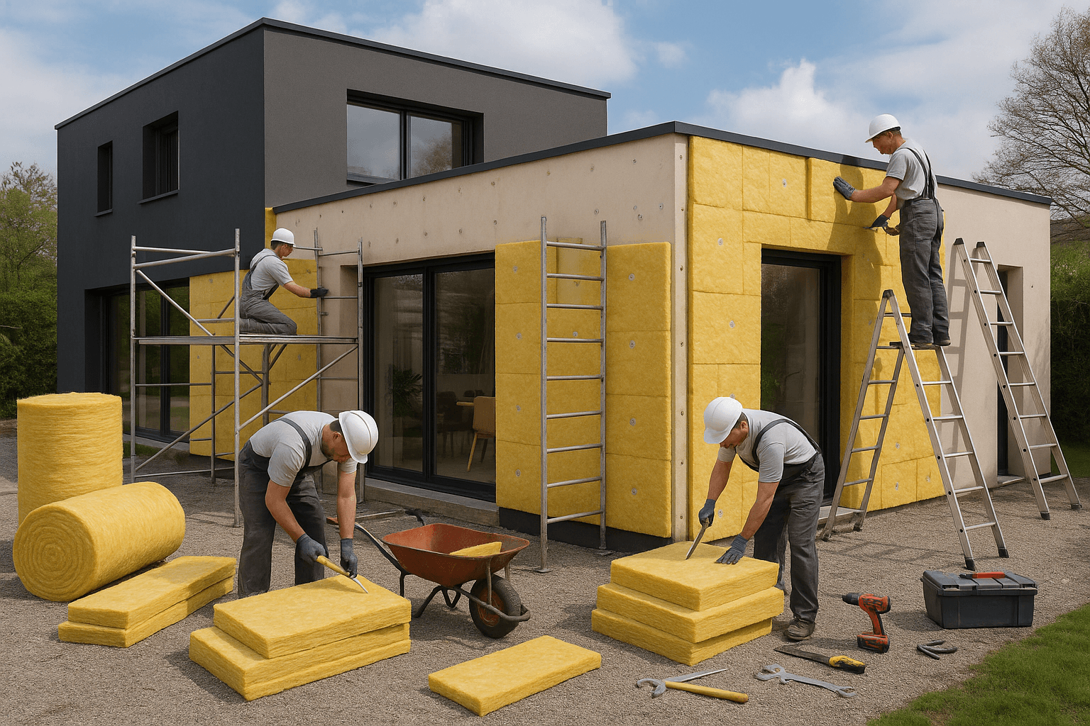 Modernes Haus mit Bauarbeitern, die eine energetische Sanierung durchführen.