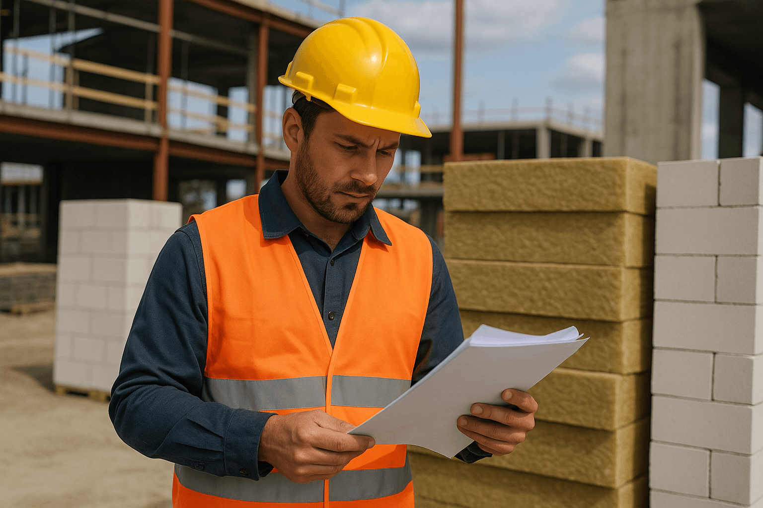 Bauarbeiter überprüft Unterlagen auf einer Baustelle mit energieeffizienten Materialien.