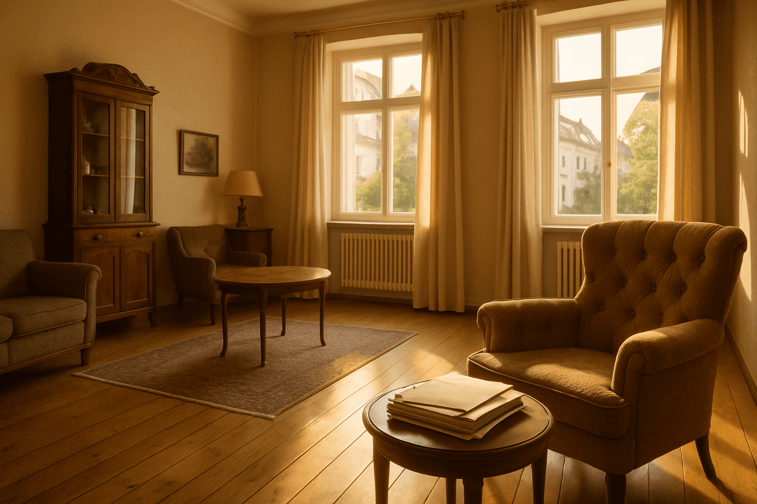 Helles Wohnzimmer einer geerbten Immobilie mit Holzboden, Naturlicht und Dokumenten auf einem Beistelltisch