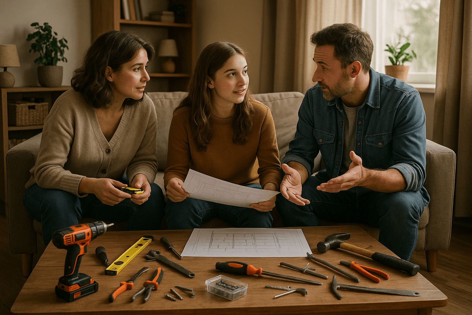 Gemütliches Wohnzimmer mit Familie, die über Renovierungsprojekte spricht, Werkzeuge verstreut.
