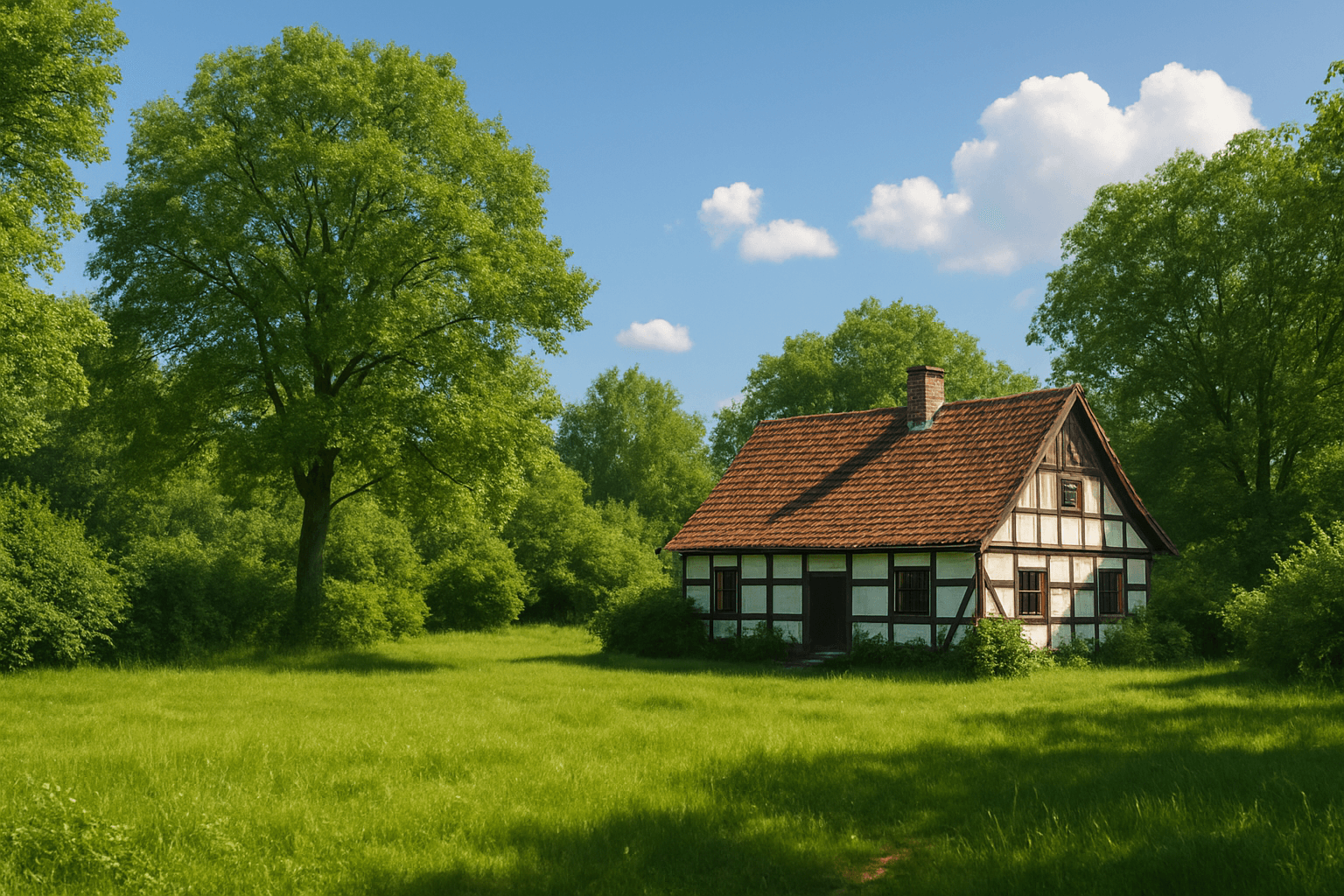 Idylle mit traditionellem Haus inmitten üppiger Natur und klarem blauen Himmel.